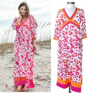 LA PLAGE Sarah Maxi Dress Leopard Pink Orange XS Beachy Boho Resort Summer $320